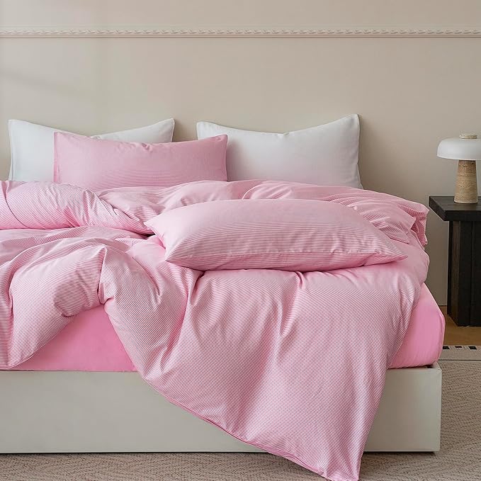 JELLYMONI 100% Natural Cotton 2pcs Striped Duvet Cover Sets,White with Pink Stripes Pattern Printed Comforter Cover,with Zipper Closure & Corner Ties(Twin Size)
