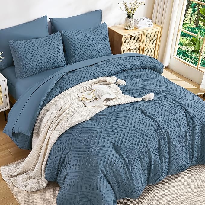 Andency Queen Comforter Set 7 Piece Ocean Blue - Bed in a Bag Queen Boho Lightweight Fluffy Tufted Bedding Sets with Comforter, Sheets, Pillowcases & Shams
