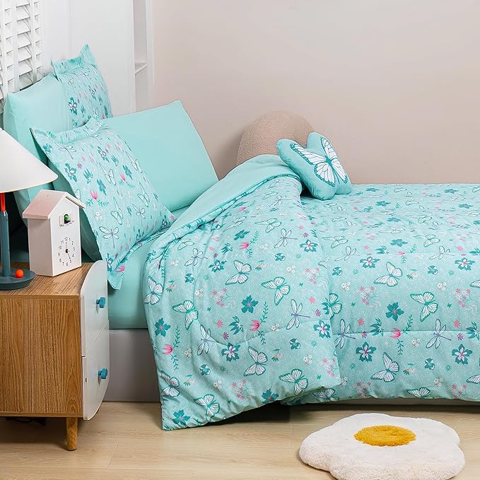 Mooreeke Bed in a Bag for Kids Girls Teens, 6 Pieces Twin Size Comforter Bed Set with Shams, Sheet Set and Decorative Toy Pillow, Butterfly Mint Green Super Soft Microfiber Kids Comforter Bedding Set