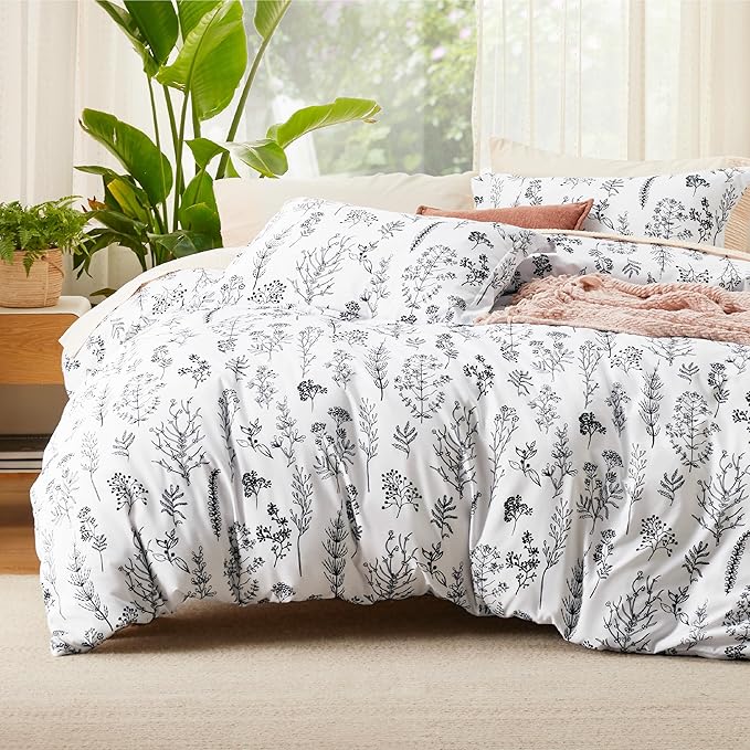 Bedsure Duvet Cover King Size - Reversible White King Duvet Cover Set with Zipper Closure, 3 Pieces Floral Patterned Bedding Set with 8 Corner Ties and 2 Pillow Shams