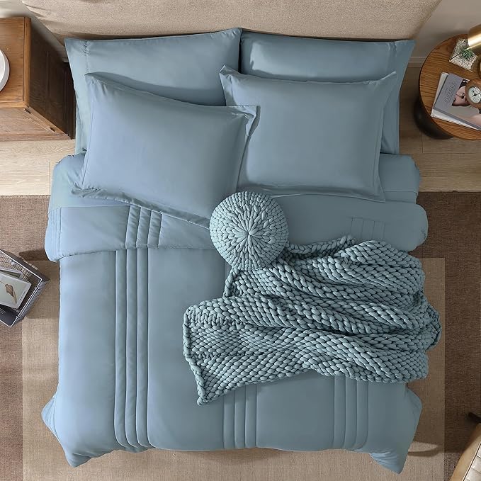Monbix Queen Comforter Set - 7 Pieces Dusty Blue Bed in a Bag Queen Bedding Sets with Comforters, All Seasons Comforter Bed Set with Sheets, Pillowcases & Shams