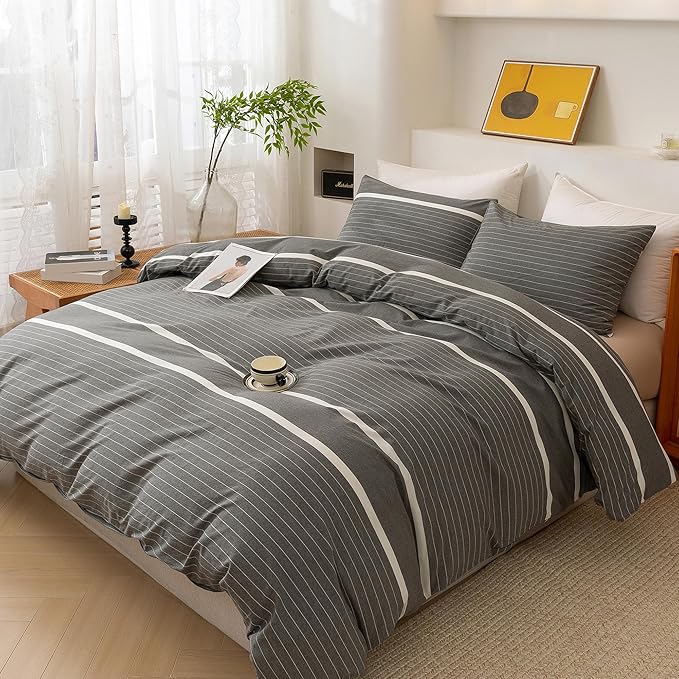 ECOCOTT 3 Pieces Duvet Cover Queen Size, 100% Washed Cotton 1 Duvet Cover with Zipper and 2 Pillowcases, Ultra Soft and Easy Care Breathable Cozy Simple Style Bedding Set(Grey Striped)