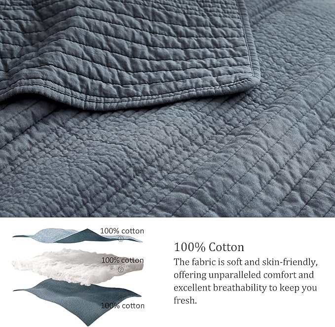 palassio Striped Blue Grey 100% Cotton Quilt Queen Size Bedding Sets, Lightweight Crinkly Channel Pick Stitch Textured Bedspread Soft Shabby Chic Farmhouse Country Coverlet for All Season, 2 Shams