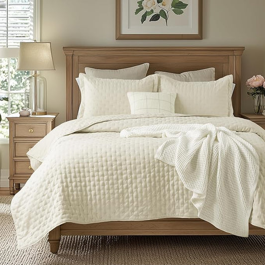 Bedsure Quilts Queen Size - Ivory Bedspread Queen Size & Lightweight Comforter, Modern Cottage Coverlet with Clover Pattern, Ultra Soft All-Season Bedding, 90 x 96 Inches