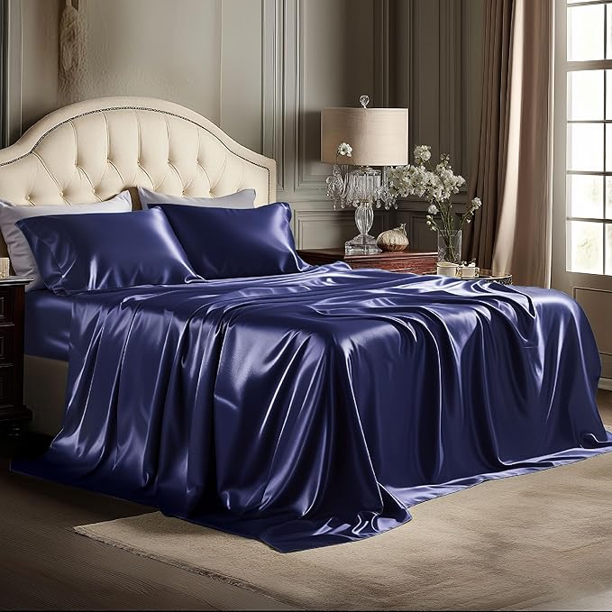 Bedsure Satin Sheets Full Size - 4 Piece Silky Bedsheets with 15 Inches Deep Pocket Fitted Bedsheet,1 Flat Sheet, 2 Satin Pillowcases, Good for Hair & Skin (Full, Navy)