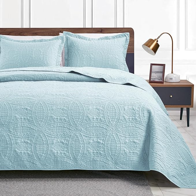 Love's cabin Twin Quilt Set Spa-Blue Bedspreads - Soft Bed Summer Lightweight Bedspread Comforter - Modern Style Coin Pattern Coverlet for All Season - 2 Pieces (1 Quilt, 1 Pillow Sham)