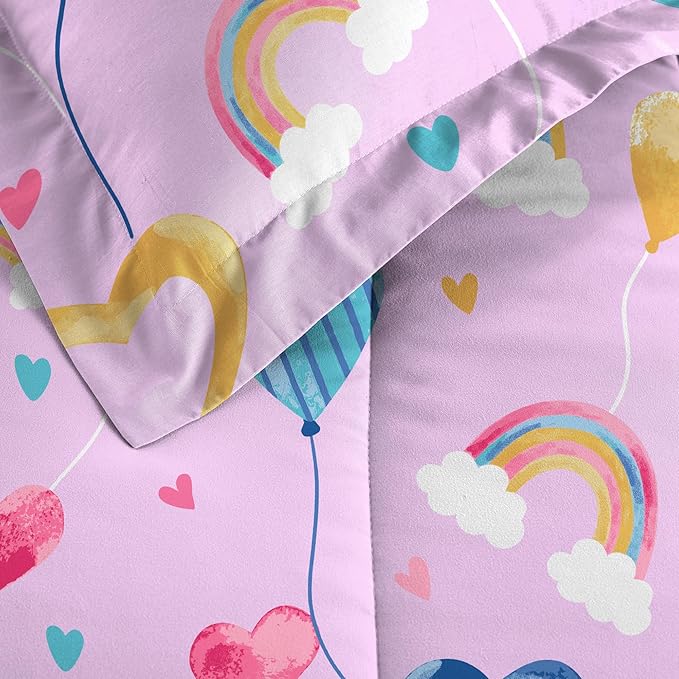 Dream Factory Kids 7-Piece Complete Bed Set Easy-Wash Super Soft Microfiber Comforter Bedding, Full, Lilac Balloon Hearts