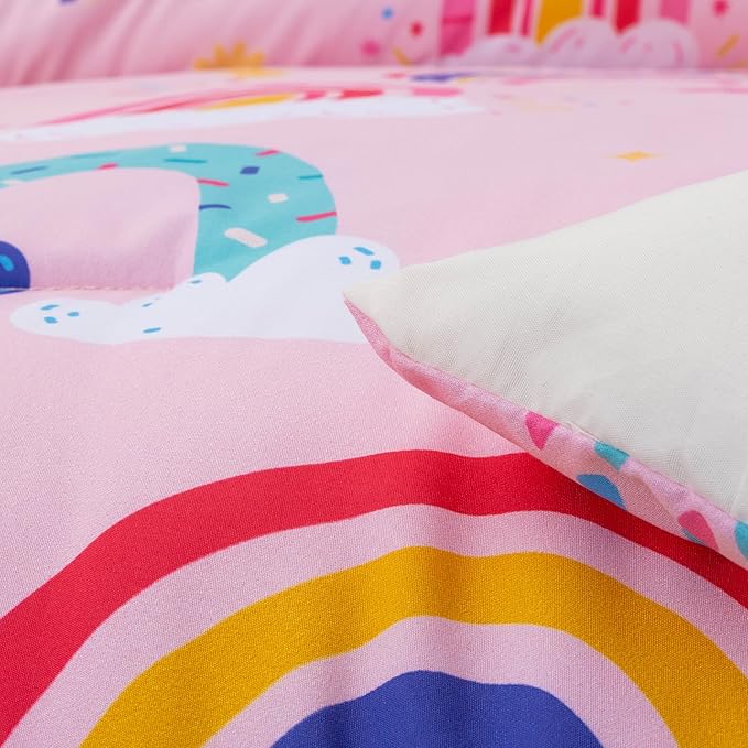 Btargot Lightweight Soft 3 Piece Rainbow Comforter Set with 2 Pillow Covers, Cartoon Love Hearts Suns and Stars Bedding Set for Girls Boys Kids, Full Light Pink