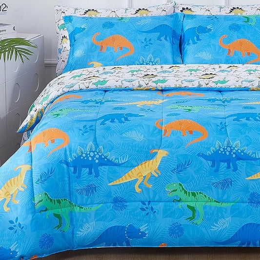 Viviland Kids Twin Bedding Sets for Boys, Soft Twin Comforter Set with Sheets, 5 Pieces Microfiber Bed in a Bag, Blue Dinosaur