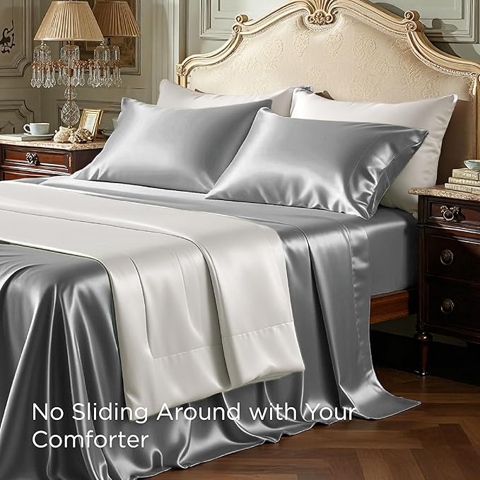Bedsure Satin Sheets Full Size - 4 Piece Silky Bedsheets with Elastic Corner Straps and 15 Inches Deep Pocket Fitted Bedsheet,1 Flat Sheet, 2 Satin Pillowcases, Good for Hair & Skin (Full, Dark Grey)