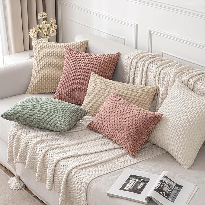 MIULEE Pack of 2 Decorative Throw Pillow Covers 20x20 Inch Soft Boho Striped Textured Corduroy Pillow Covers Modern Farmhouse Home Decor for Couch Bed Sofa Living Room Beige