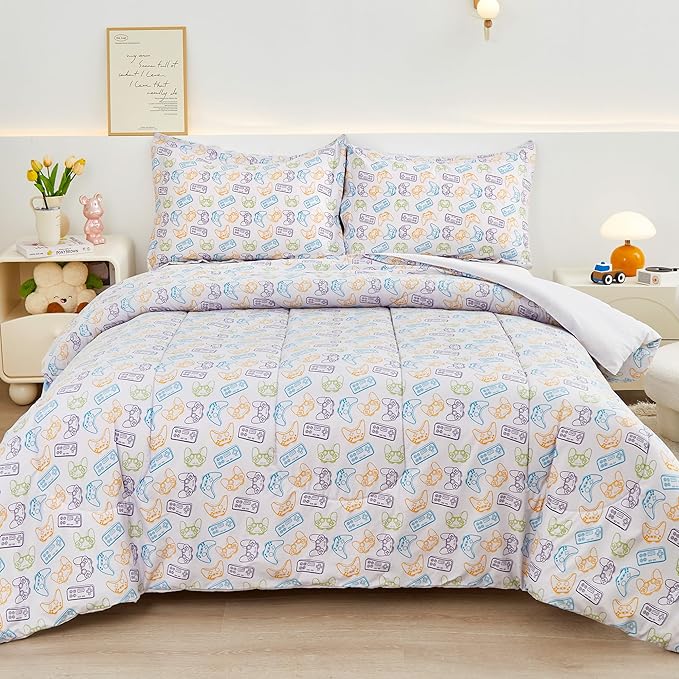 Viviland Gamer Comforter Set for Kids Boys Teens, Full/Double Game Contoller Comforter with Pillow Sham, Soft Comfortable Machine Washable (Video Game)