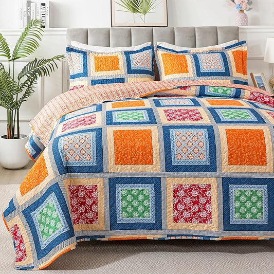 HoneiLife Quilt Set Queen Size - Retro Bedspreads 3-Pieces,Lightweight Coverlets for Queen Bed,Patchwork Bed Cover, Queen Quilt Bedding Set All Season Quilts-Orange
