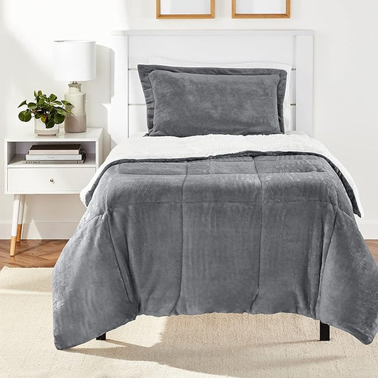 Amazon Basics 2 Piece Bedding Set, Micromink Sherpa, Ultra-Soft, Warm All Season Comforter, Twin, Charcoal, Solid