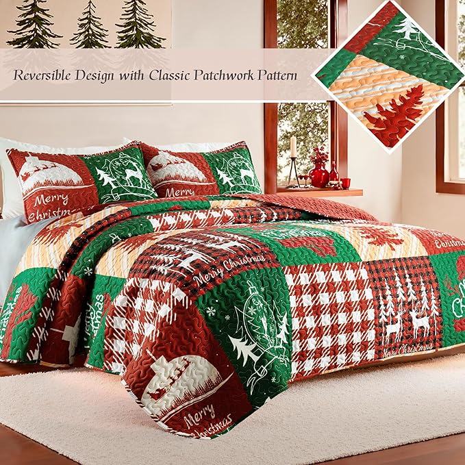 Whale Flotilla Christmas Quilt Twin Size, Soft Boho Patchwork Bedspreads for Bed Reversible Lightweight Twin Quilt Bedding Set Coverlets with 1 Pillow Sham for All Seasons, Happy Christmas