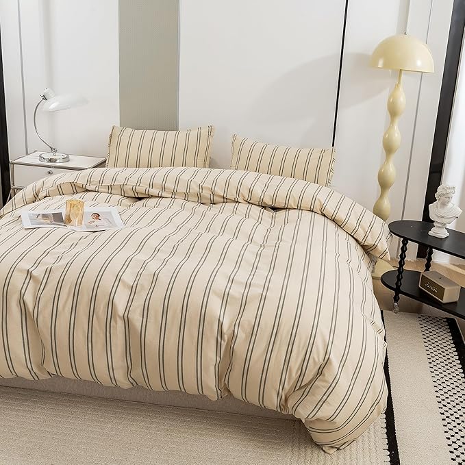 ECOCOTT Duvet Cover California King Size - Linen Feel Organic Natural 100% Washed Cotton, Soft Breathable & Durable Bedding Set, Comfy Stripe Design for All Seasons