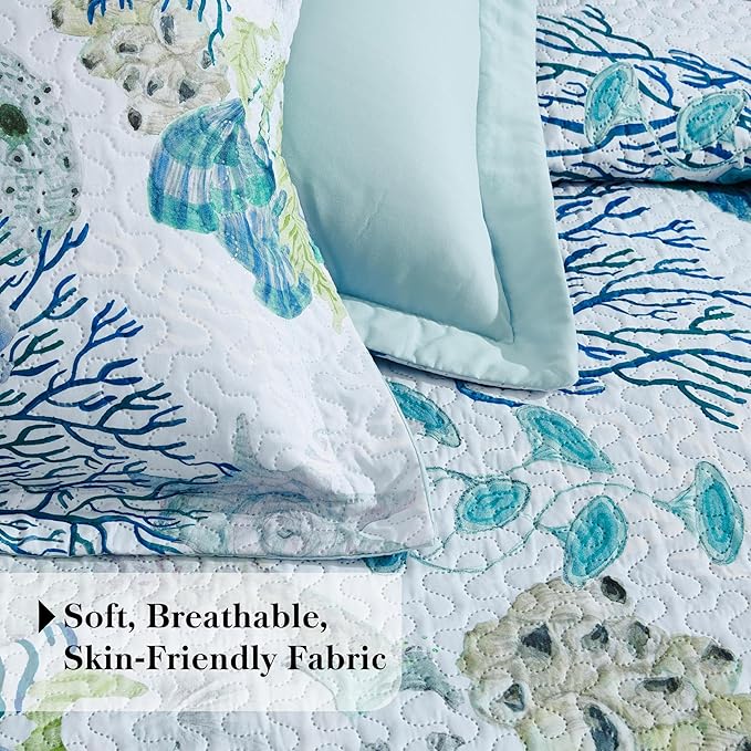 Tritard 3 Piece Coastal Beach Quilt Set King Size Ocean Beach Themed Bedding Set Microfiber Lightweight Bedspread Coverlet with 2 Shams Starfish Coral Seashell Bed Covers for All Season, 106''x96''