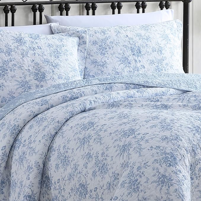 Laura Ashley - King Quilt Set, Soft & Reversible Cotton Floral Bedding with a Medium Weight Feel, 3 Piece Bed Set with Matching Pillowcases (Walled Garden Blue)