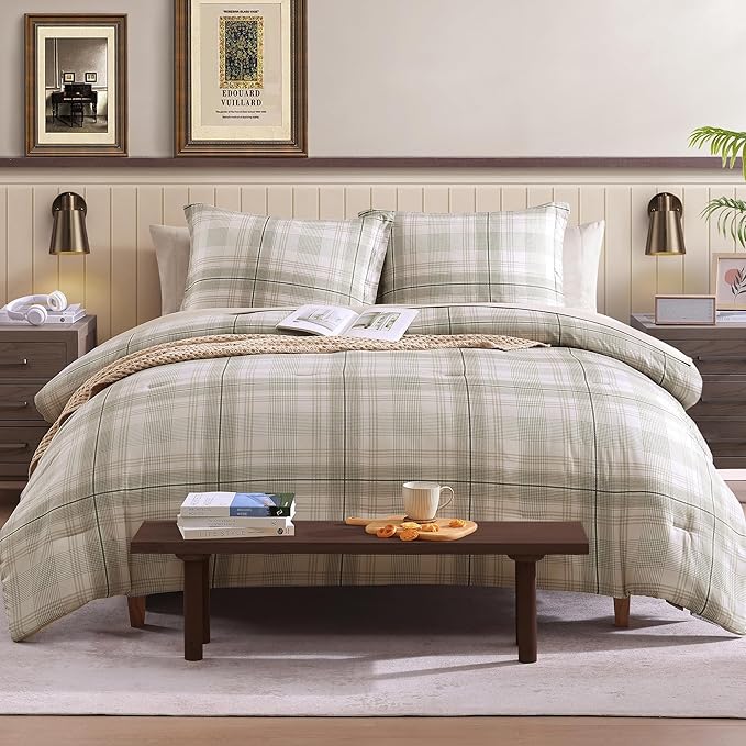 Plaid Queen Comforter Set, Khaki Green Bedding Set 7 Piece for Boys Girls Teen, Classic Homestead-Style Kids Comforter Set Bed in A Bag with Sheets, Pillowcases & Shams
