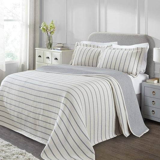Superior 3 Piece Cotton Reversible Bedspread and Sham Set, Home Bed Decor, Decorative Bed Spread, 2 Pillow Shams, Medium Weight, Matelasse Coverlet Bedding, Valencia Collection, California King, Blue