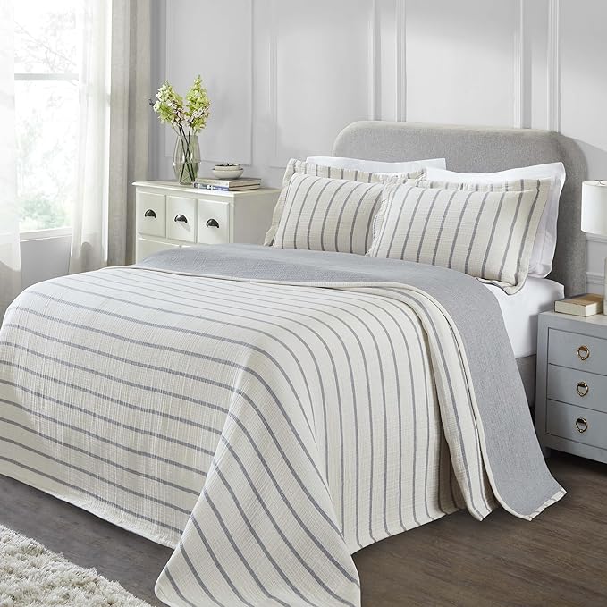 Superior 3 Piece Cotton Reversible Bedspread and Sham Set, Home Bed Decor, Decorative Bed Spread, 2 Pillow Shams, Medium Weight, Matelasse Coverlet Bedding, Valencia Collection, Queen Size, Blue