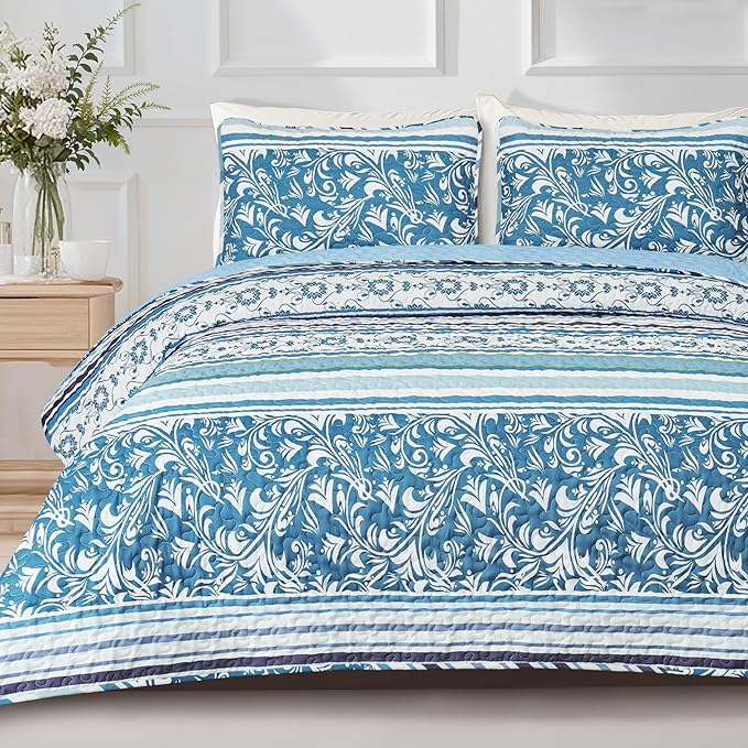 Exclusivo Mezcla Reversible Boho Quilts Queen Size, Blue Bedspreads Lightweight Coverlet All Season Bohemian Quilt Bedding Set with Printed Striped Floral Pattern (1 Quilt, 2 Pillow Shams)