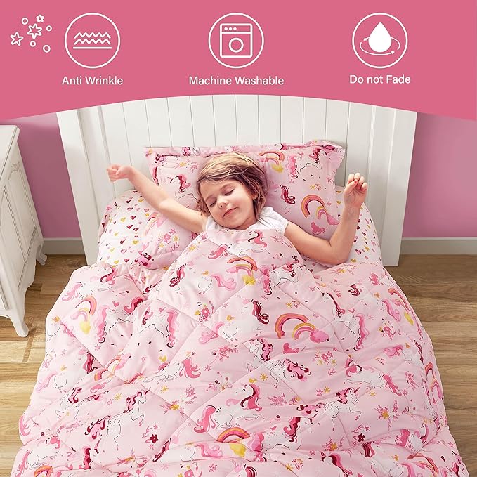 Twin Unicorn Comforters for Girls, 2 Pieces Kids Unicorn Bedding Kids Comforter Sets, Super Soft Lightweight for All Season, Includes 1 Comforter (66"x86") and 1 Pillowcase (20"x26"+2")