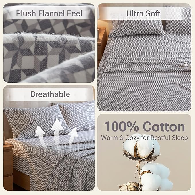True North by Sleep Philosophy Cotton Sheet Set Cozy Print 100% Cotton Flannel Sheets Bedding Set, Oversized Sheets, Deep Pocket Fits Up to 12" Mattress Full Bed Sheets Full Snowflake 4 Piece