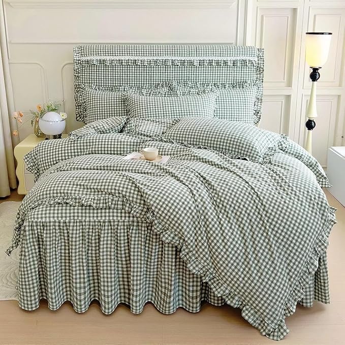 LifeTB Queen Comforter Set Green Gingham Comforter Vintage Ruffle Checkered Pattern Comforter Set Chic Grid Plaid Bedding Comforter Lightweight Fluffy Soft Gingham Bedding Set Queen Breathable