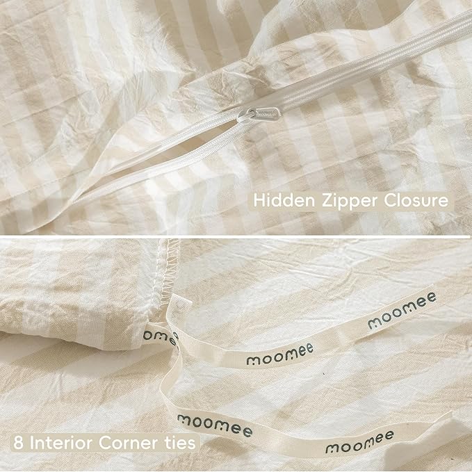 MooMee Striped Duvet Cover Set 100% Washed Cotton Linen Like Textured Breathable Durable Soft Comfy (Almond Milk Grey Classic Stripes, Cal King 104"x98")