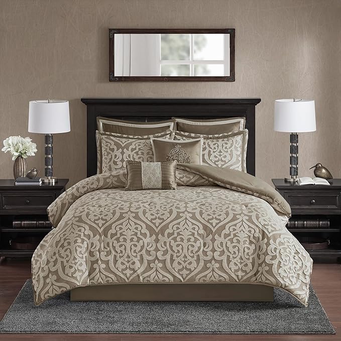 Madison Park Odette Cozy Comforter Set Jacquard Damask Medallion Design - Modern All Season, Down Alternative Bedding, Shams, Decorative Pillow, King(104 in x 92 in), Tan 8 Piece