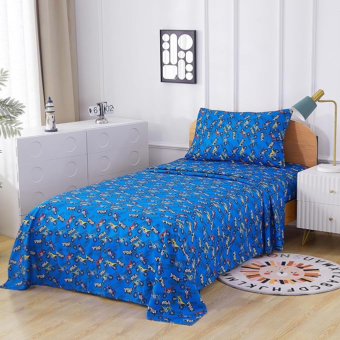 Kids Sheet Set Twin Size, Twin Sheet Set with Motorcycle Pattern，Breathable Silky Soft Microfiber Kids Fitted Sheet