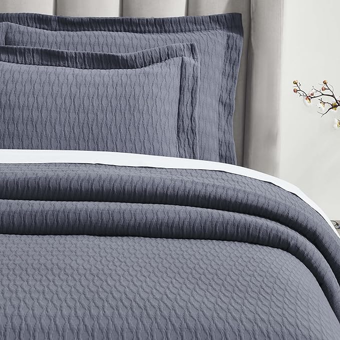 Superior 3 Piece Cotton Bedspread Set, Home Decor, Decorative Bed Spread, 2 Pillow Shams, Medium Weight Blanket, Matelasse Coverlet, Bedding Essentials, Calvert Collection, California King, Denim Blue