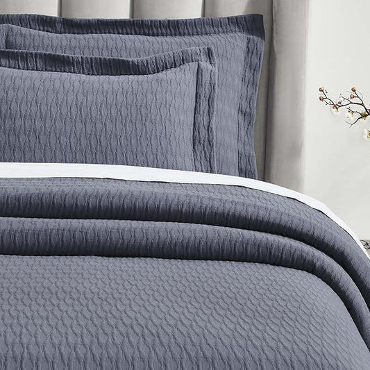 Superior 3 Piece Cotton Bedspread Set, Home Decor, Decorative Bed Spread, 2 Pillow Shams, Medium Weight Blanket, Matelasse Coverlet, Bedding Essentials, Calvert Collection, California King, Denim Blue
