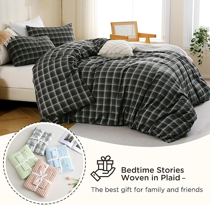 TOCOMOA Buffalo Plaid Duvet Cover Set 100% Washed Cotton Like Linen Feel Super Soft Comfy 3 Piece Brown Blue Gingham Checkered Bedding Comforter Cover Set (Full 90"x90", Comforter Not Included)