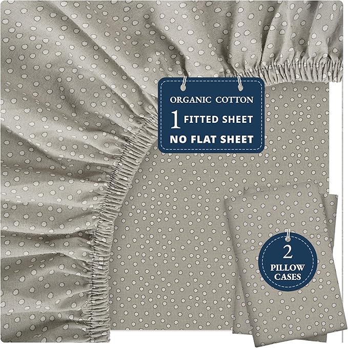 Lane Linen 100% Organic Cotton Fitted Sheet Queen, 3 PC Set(1 Fitted Sheet,2 Pillowcases) Soft Percale Weave, Queen Size, Soft, Breathable, Fits Mattress Upto 15" Deep - Grey(White Dot)(No Flat Sheet)