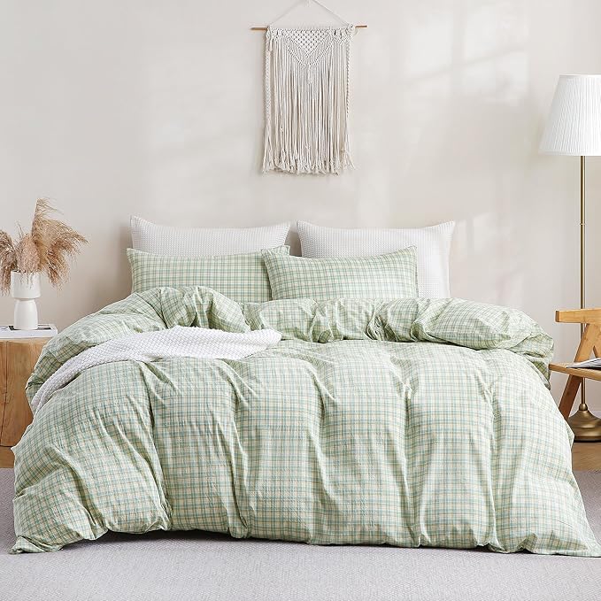TOCOMOA Plaid Duvet Cover Set 100% Washed Cotton Like Linen Feel Super Soft Comfy 3 Piece Green and Yellow Gingham Checkered Bedding Comforter Cover Set (King 104"x90", Comforter Not Included)