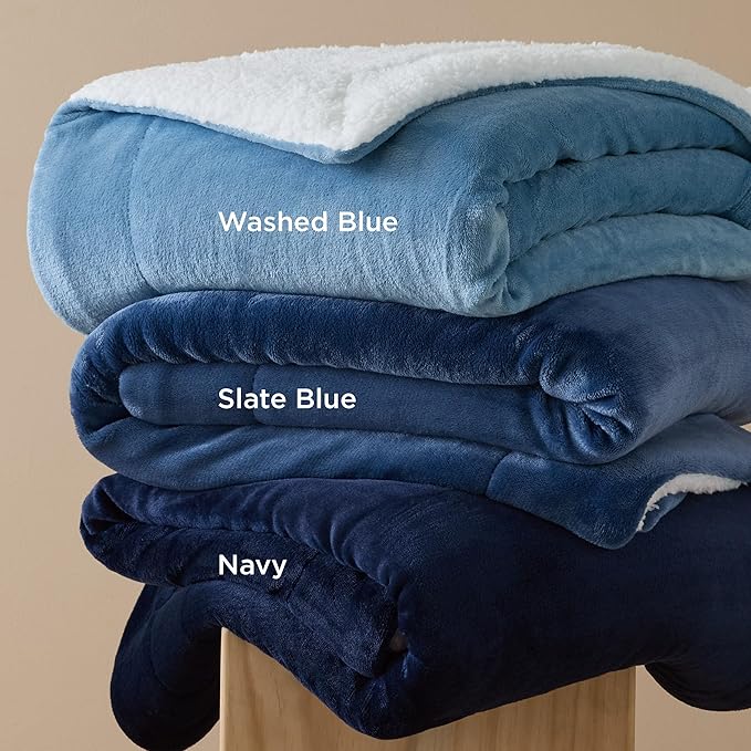 Bedsure GentleSoft Sherpa Fleece Blanket Queen Size for Bed, Non-Heated, Thick and Warm Throw for Women and Men, Soft Fuzzy Plush Queen Blanket for Winter, Navy, 90x90 Inches