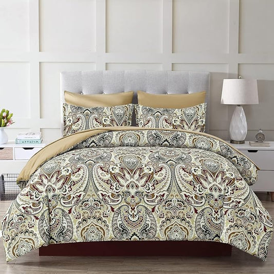Boho Comforter Set Queen, 7 Pieces Bed in a Bag Comforter Boho Paisley Pattern Bedding Soft Microfiber Queen Size (1 Khaki Comforter, 1 Flat Sheet, 1 Fitted Sheet, 2 Pillow shams, 2 Pillowcases)