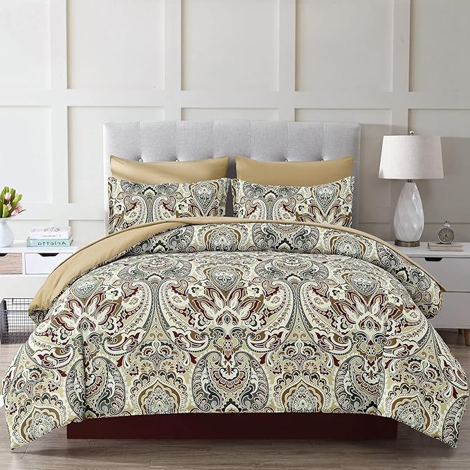 Boho Comforter Set King, 7 Pieces Bed in a Bag Comforter Boho Paisley Pattern Bedding Set Soft Microfiber King Size (1 Khaki Comforter, 1 Flat Sheet, 1 Fitted Sheet, 2 Pillow shams, 2 Pillowcases)