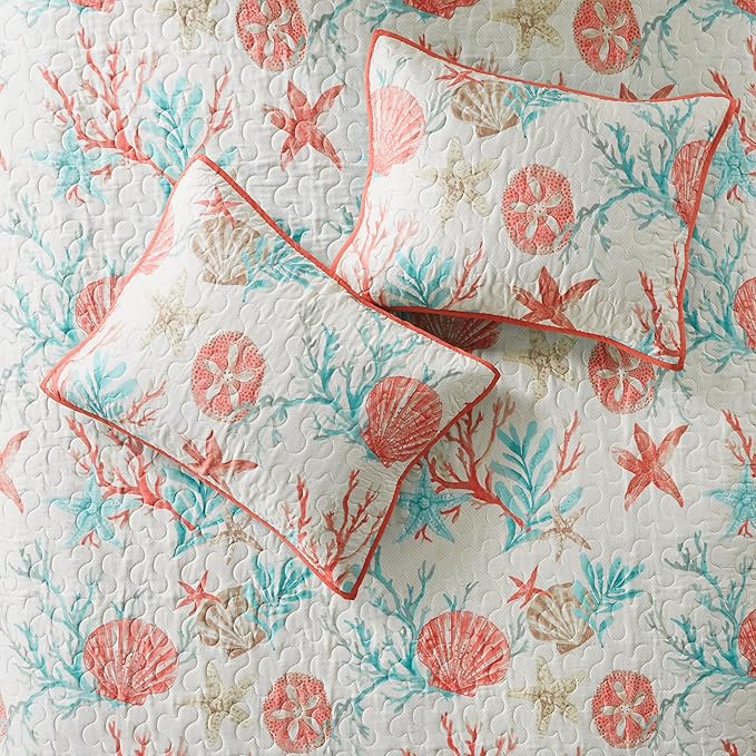 Madison Park Quilt Set Cottage Coastal Design, Starfish Print - All Season, Coverlet Bedspread Lightweight Bedding Layer, Shams, Toss Pillows, Full/Queen(90"x90"), Pebble Beach Coral 6 Piece