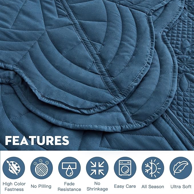 Oversized Bedspread - Queen Size Bedding Cover - Modern & Contemporary Coverlet Set, Real Stitching, Reversible, Lightweight, 5 Piece, Navy