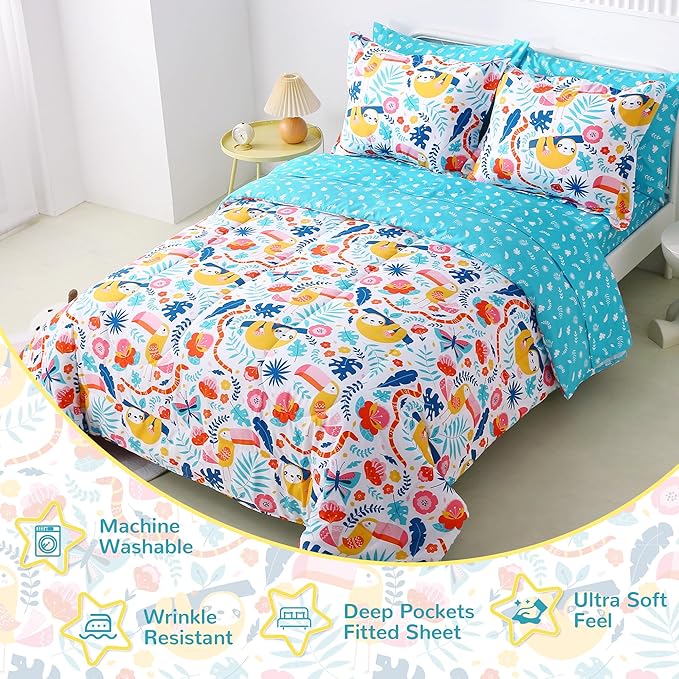 Viviland Kids Full Bedding Sets for Girls, Boys Soft Full Comforter Set with Sheets, 7 Pieces Microfiber Bed in a Bag, Sloth Rainforest