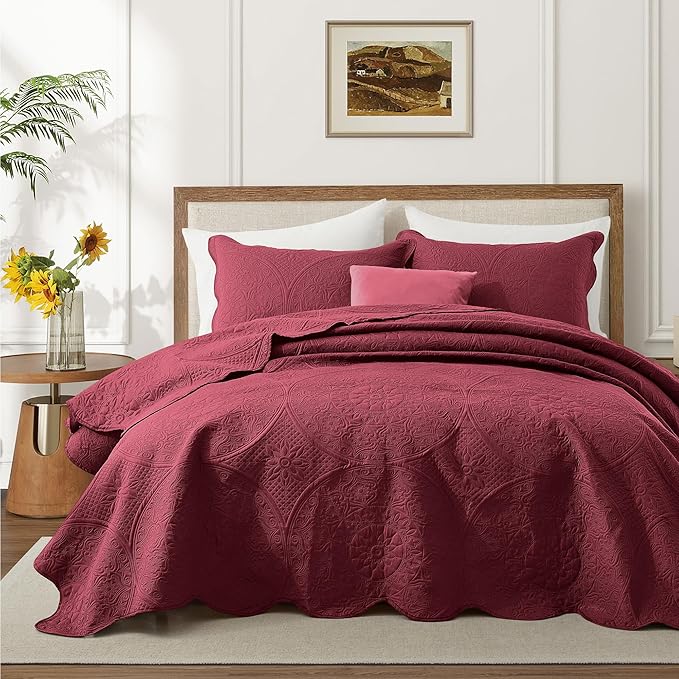 IR Imperial Rooms 8 Pack California King Quilt Bedding Set (118"x106") - Bulk Wholesale for Hotels, Guest Bedroom & Airbnbs - Microfiber Reversible Floral Embossed Quilts Bedspreads (Burgundy)