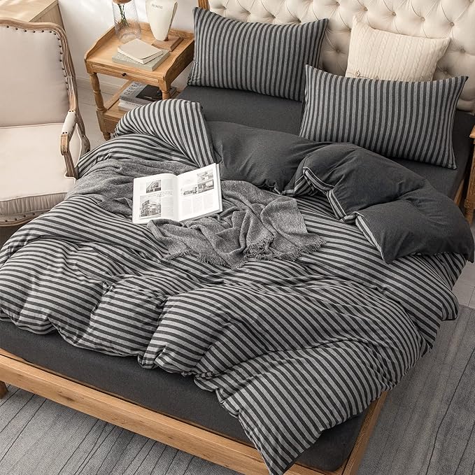 PURE ERA Jersey Knit Duvet Cover Set 100% T-Shirt Heather Cotton Super Soft Comfy Classic Striped Design, with Zipper Closure, Charcoal Dark Grey Stripe, Twin