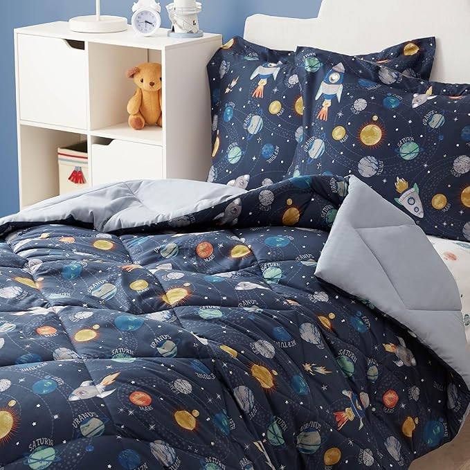 Twin Space Bedding Sets for Boys, 2 Pieces Kids Twin Comforter Sets, Super Soft Lightweight for All Seasons, Includes 1 Comforter (66"x86") and 1 Pillowcase (20"x26"+2")