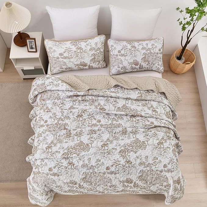 WONGS BEDDING Botanical Quilt Set Queen Size, Khaki 3 Pieces Toile Floral Plants Printed Bedspread Bedding Set Brown Soft Lightweight Microfiber Coverlet Set for All Season (96"x90")