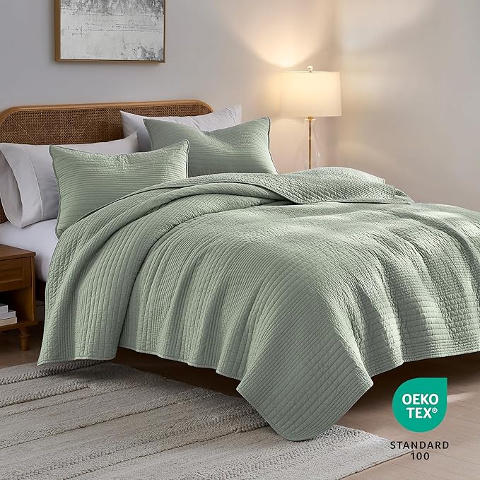 palassio Striped Sage Green 100% Cotton Quilt Twin Size Bedding Sets, Lightweight Crinkly Channel Pick Stitch Textured Bedspread Soft Shabby Chic Farmhouse Country Coverlet for All Season, 1 Sham