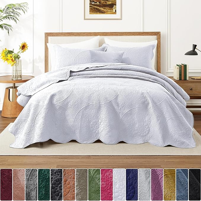 IR Imperial Rooms California King Quilt Bedding Set Size (118"x106") + 2 Pillow Shams (20" x 36"+ 2") - 3 Pcs All Season Reversible Microfiber Coverlet Embossed Floral Quilt Bedspread (White)