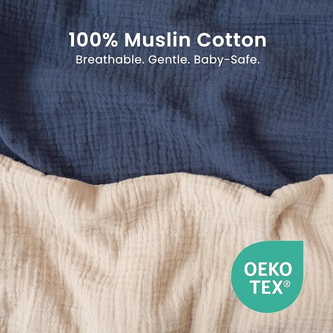Konssy 2 Pack Muslin Bassinet Sheets for Boys, Girls, 100% Cotton Soft Breathable Fitted Bassinet Mattress Sheet, 33 x 21 inches (Navy,Cream)